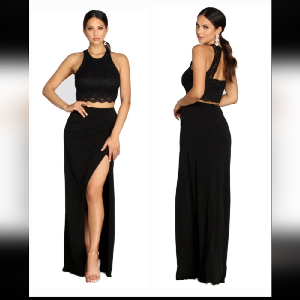 NWT Black Lace Two Piece Dress. The skirt has a 21" side slit Size 3